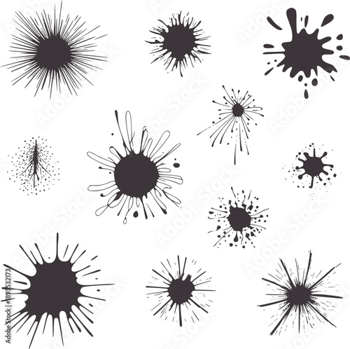 Collection of dark grey ink splatters and starburst shapes splash blot