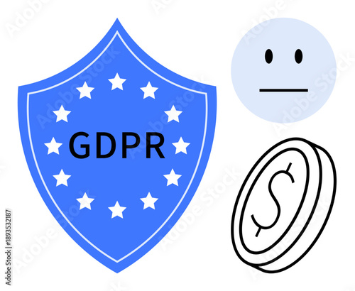 Data privacy, financial regulation, compliance standards, user rights, data management, security practices. Blue GDPR shield, neutral face coin icon. Data privacy and financial regulation concept