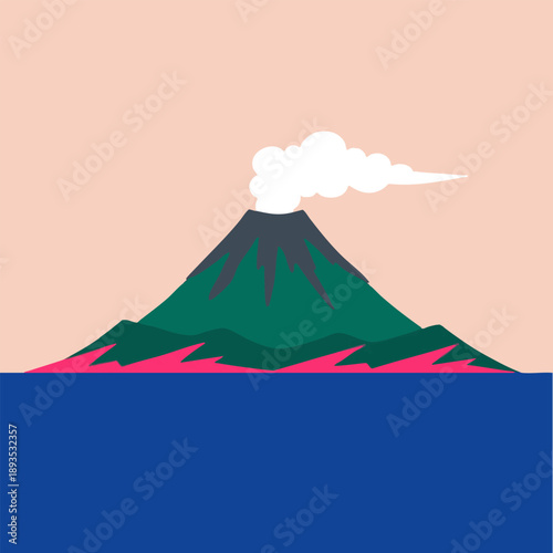 Minimalist Volcano Erupting Over Water Flat Graphic Design