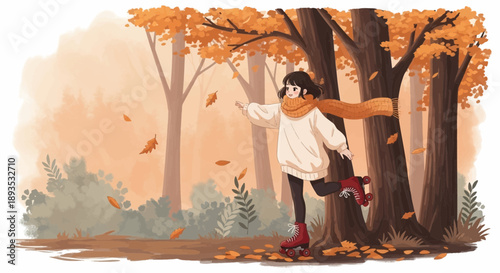 Autumn girl playing in forest with falling leaves