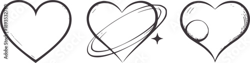 Three hand drawn hearts with lines and orbiting handdrawn love symbol