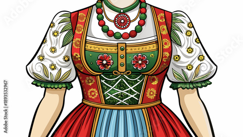 Very beautiful close-up of a traditional Austrian women’s dirndl-inspired folk dress with detailed embroidery and textured fabric, isolated on white background, emphasizing Alpine elegance and heritag