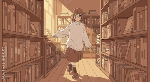 Girl Skating in a Library Aisle with Books