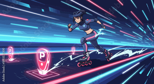 Woman inline skating in futuristic neon lit environment