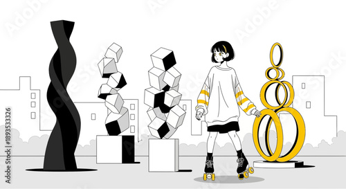 Woman on rollerblades enjoying modern art outdoors