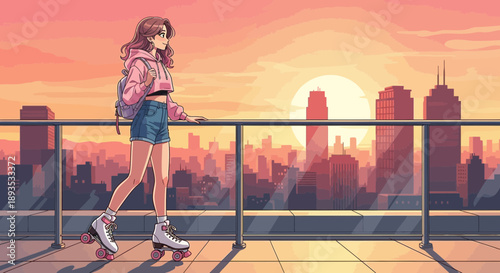 Woman rollerblading on city rooftop at sunset