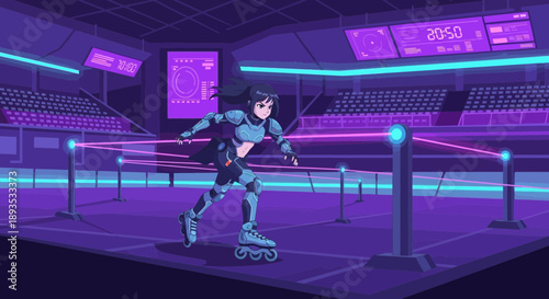 Woman rollerblading on futuristic rink with neon lights