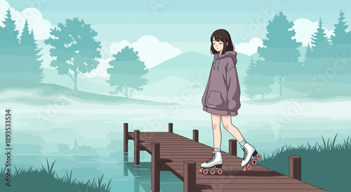 Young woman on roller skates standing on a wooden dock by a serene lake