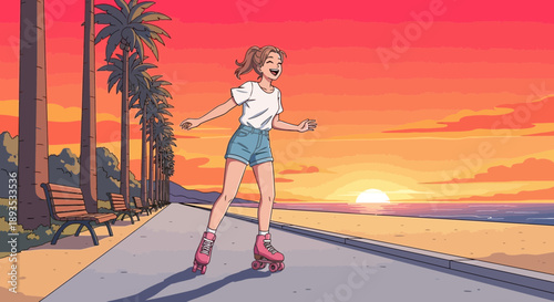 Young Woman Roller Skating Along Beachfront Promenade at Sunset