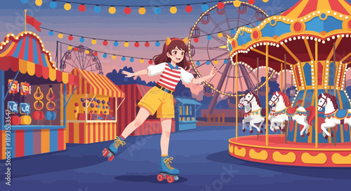 Young Woman Roller Skating at Vibrant Amusement Park
