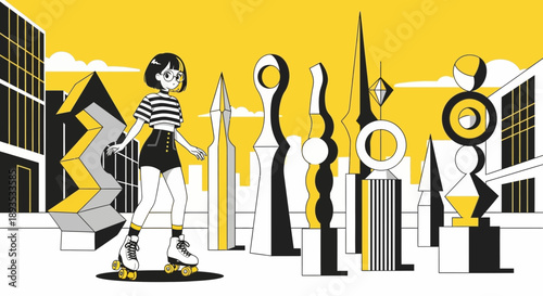 Young woman roller skating in modern cityscape with abstract sculptures