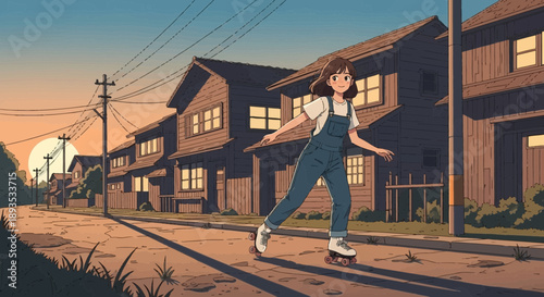 Young woman skateboarding on suburban street at sunset