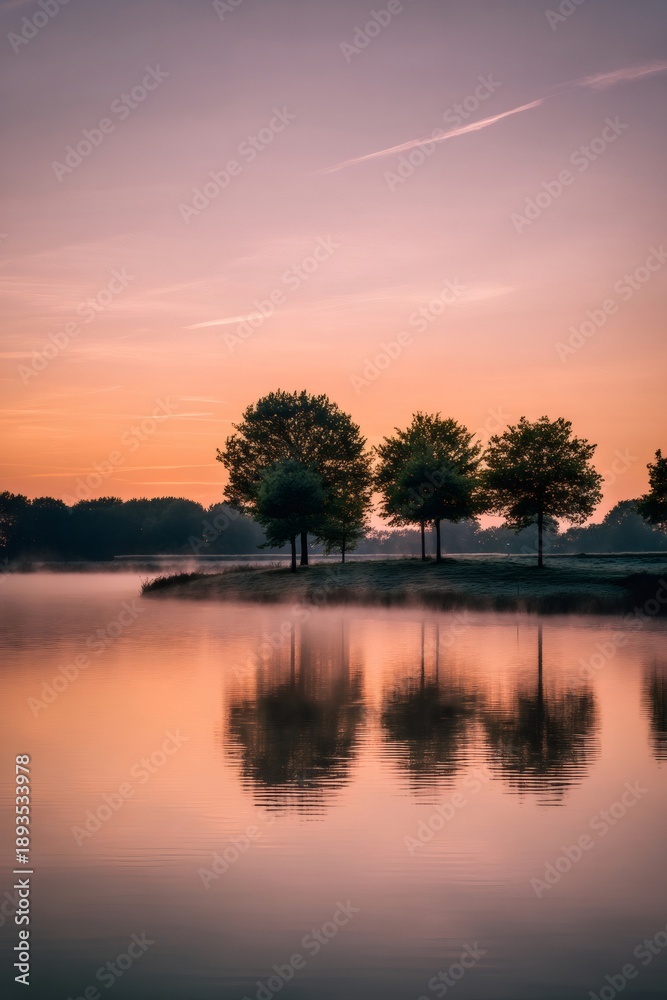Fototapeta premium Serene morning mist rising over lake reflecting trees