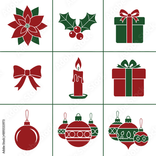 Deep Crimson Red and Forest Green duotone graphic set featuring traditional Christmas symbols like poinsettia, holly, bow, and gift boxes arranged in a clean geometric grid