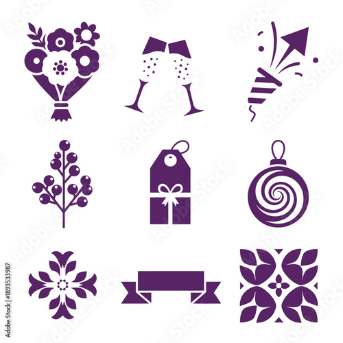Duotone flat graphic illustration set featuring eight festive celebration icons like a winter bouquet, clinking champagne flutes, and holiday geometry in a Royal Purple and Soft Cream palette