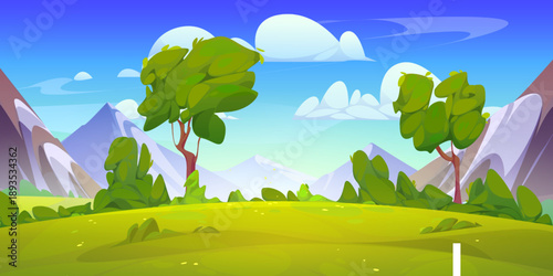 Mountain Valley Landscape with Green Meadow, Trees, and Blue Sky Illustration