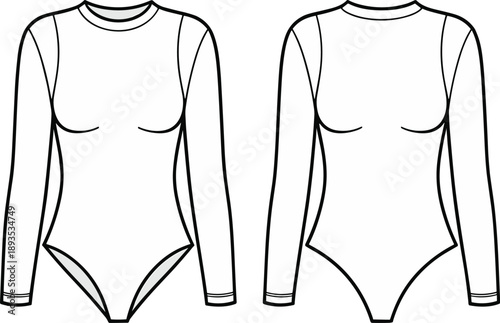 Technical fashion illustration of long sleeve bodysuit design, crew neck garment sketch, apparel template for pattern making