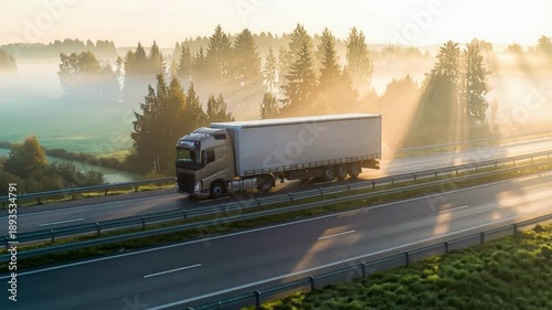 Long haul semi truck driving on intercity highway in rural region at sunset sun shines. Agricultural green crop fields and hills in background. Stage of delivery and logistics goods, aerial motion