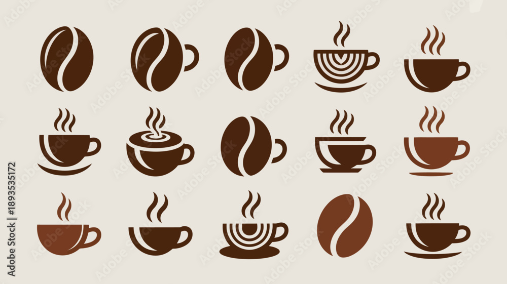 Obraz premium A collection of dark brown coffee bean and cup icons is displayed against a light beige background illustrating the coffee experience high quality professional detailed modern