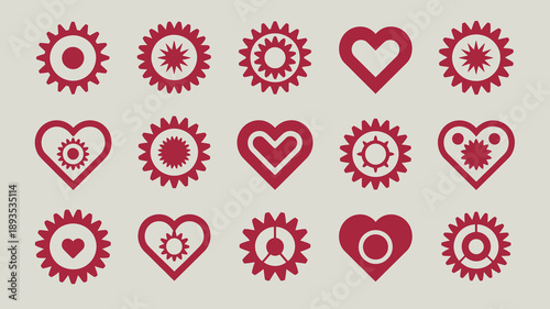 A pattern of repeating red icons features mechanical gears interspersed with stylized heart shapes on a neutral background high quality professional detailed modern elegant stylish clean