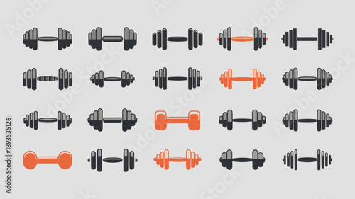 A grid displays numerous barbell icons in shades of gray with a few highlighted in orange representing weightlifting equipment high quality professional detailed modern elegant stylish