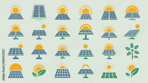 This image displays a collection of icons representing solar energy and sunlight featuring variations of suns and solar panels high quality professional detailed modern elegant stylish