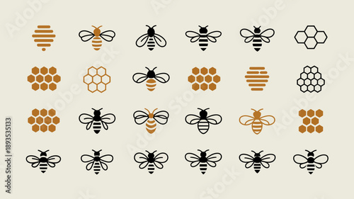 A collection of minimalist bee and honeycomb icons in varying shades of gold and gray are arranged in a grid pattern high quality professional detailed modern