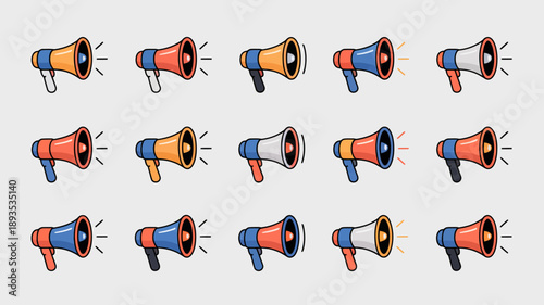 A repeating pattern showcases colorful cartoon megaphones primarily in shades of orange blue and red against a pale gray backdrop high quality professional detailed modern elegant