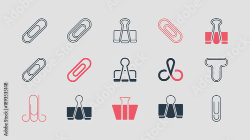 An assortment of office supplies is displayed featuring various paper clips and binder clips in differing colors and orientations high quality professional detailed modern elegant stylish