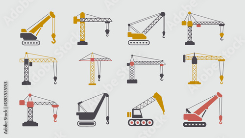 This image displays a collection of various construction cranes including tower cranes and mobile cranes in different perspectives and styles high quality professional detailed modern elegant