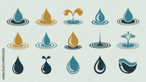 A collection of stylized water droplet icons and ripple effects are displayed in varying shades of blue gold and black high quality professional detailed modern elegant