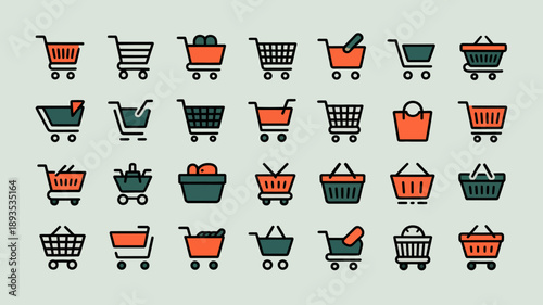 A collection of colorful shopping cart icons are displayed in a grid arrangement showcasing variations in design and style high quality professional detailed modern elegant stylish