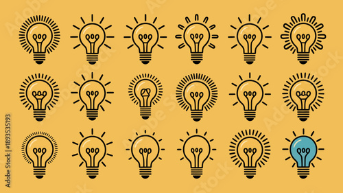 An array of black line art lightbulbs with radiating lines are displayed against a solid muted golden yellow background high quality professional detailed modern elegant stylish