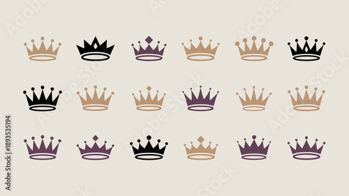 An assortment of regal crowns in varying shades of gold purple and black are displayed against a neutral beige background high quality professional detailed modern elegant