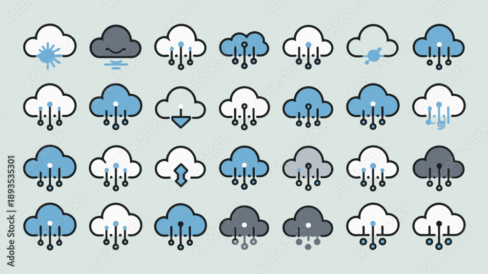 Obraz premium A collection of various weather icons is displayed against a pale blue backdrop showcasing different cloud formations and precipitation high quality professional detailed modern elegant stylish