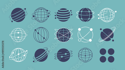 A collection of abstract planetary and atomic models are displayed in varying shades of blue and white against a teal background high quality professional detailed modern