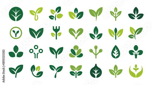 A collection of vibrant green leaf icons and botanical elements are displayed against a plain white background offering versatile design options high quality professional detailed modern