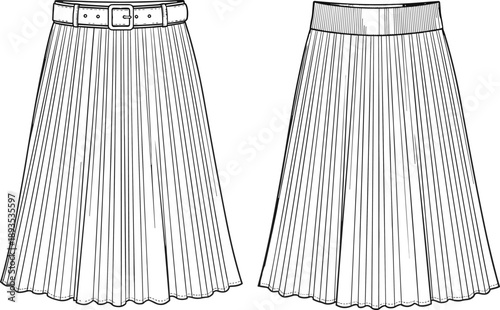Vector, technical, sketch, of, a, womens, pleated, midi, skirt, with, a, buckled, belt, front, and, back, view, for, manufacturing, design