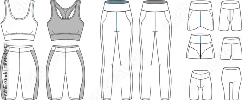 Women's athletic wear technical sketches, sports bras, leggings, shorts, underwear designs, fashion flats, garment construction details, activewear