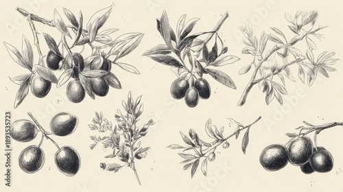 Hand-drawn sketches of olive trees and branches, illustrated in detailed line art.