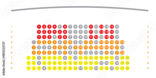 Cinema color seat map for online booking with VIP, free and occupied places and screen arrangement. Simple vector scheme. Illustration for movie ticket reservation