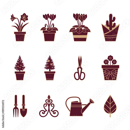 A Duotone graphic icon set in Deep Burgundy and Light Gold, rendered in a flat geometric style, illustrates potted winter holiday plants amaryllis, cyclamen, Christmas cactus and festive gardening too