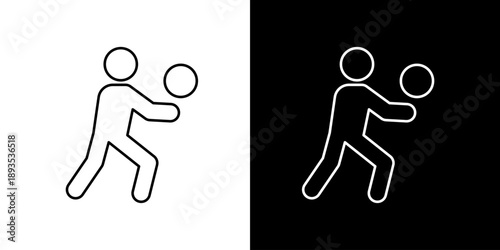 Outline icon illustration of a person playing volleyball, with ball ready to serve against black and white background