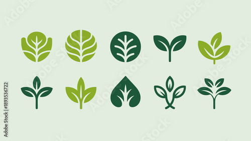 A collection of nine diverse leaf designs varying in shape style and shade of green displayed against a pale background high quality professional detailed modern elegant
