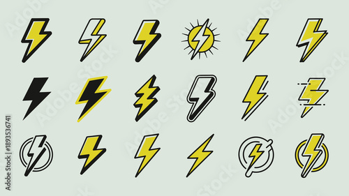 A collection of vibrant yellow lightning bolt illustrations with varied designs and outlines against a pale green background high quality professional detailed modern elegant stylish clean