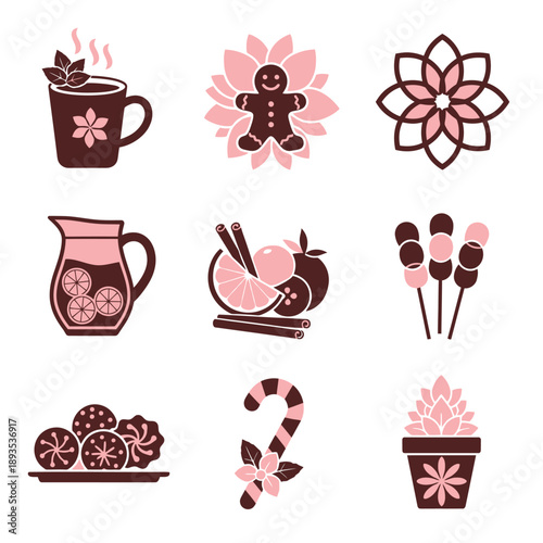 Professional duotone graphic icons featuring nine festive holiday and Christmas sweets like gingerbread, mulled wine, and candy cane, rendered in Chocolate Brown and Peppermint Pink flat style