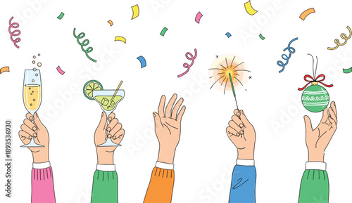Celebration Hands Illustration Set Featuring Party Drinks, Sparklers, Confetti, and Festive New Year or Birthday Elements in Flat Vector Style