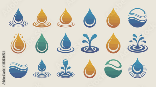 A collection of colorful water droplet icons and wave designs are displayed against a light beige background showcasing fluid dynamics high quality professional detailed modern elegant