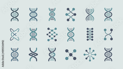 An array of teal and dark teal dna helix and molecular structure icons are arranged in a grid pattern on a light background high quality professional