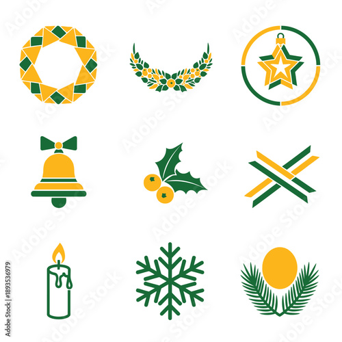Professional graphic illustration set of nine circular Christmas icons, featuring a geometric wreath, star ornament, and jingle bell in a flat, bold Ochre Yellow and Forest Green duotone style